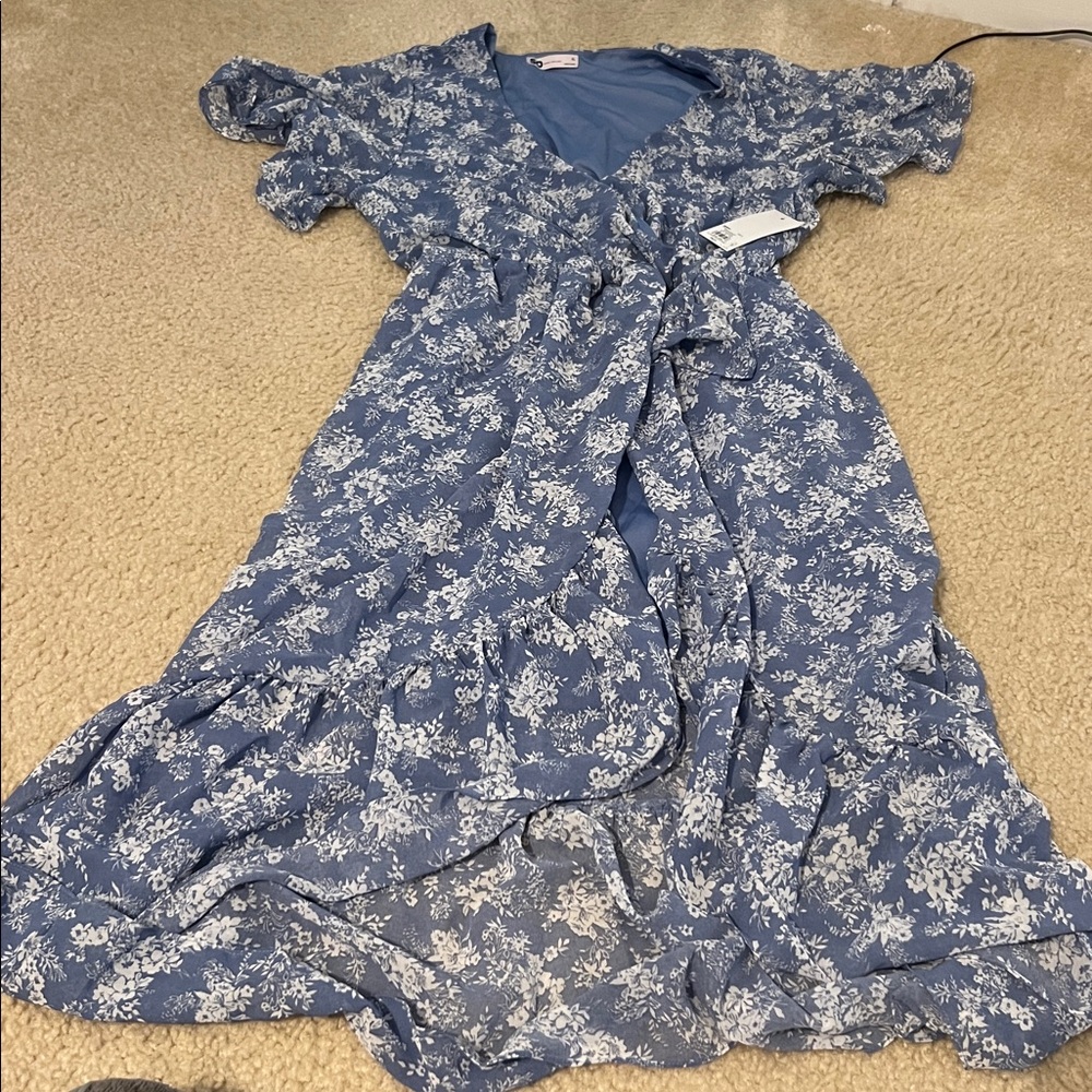 SO Blue and White Floral High Low Dress